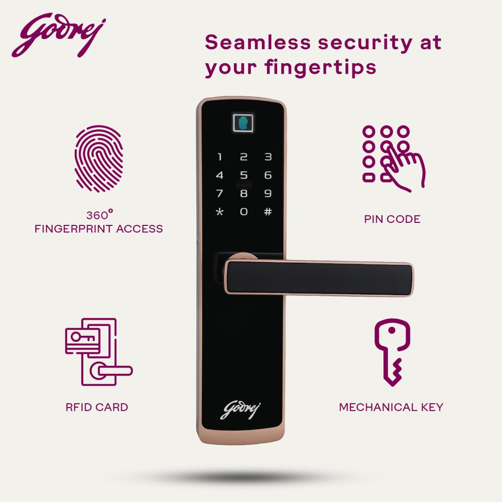Godrej Smart Lock I Catus Touch Plus I Digital Lock for Wooden Door I 4in1 Access I Fingerprint | RFID I PIN Access I Mechanical Key I 3 Dead Bolts I Rose Gold I 3 Yr Warranty | Free Installation